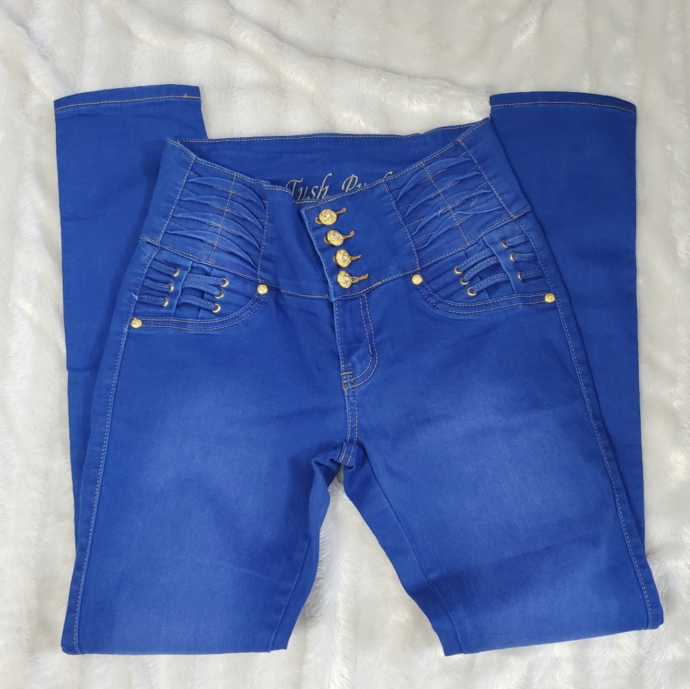 TUSH PUSH~BLUE 4 BUTTON HIGH-RISE JEGGINGS WITH TEXTURED ACCENTS! - Picture 15 of 16